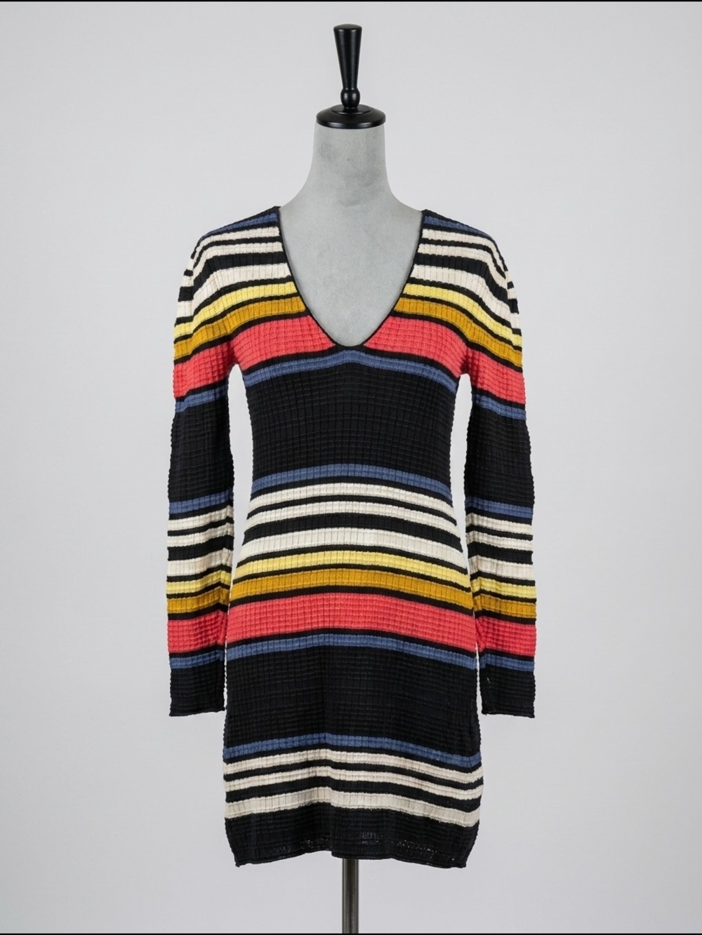 Free People Ribbed Striped Sweater Dress Size‎ XS Multicolor V Neck Bodycon Mini